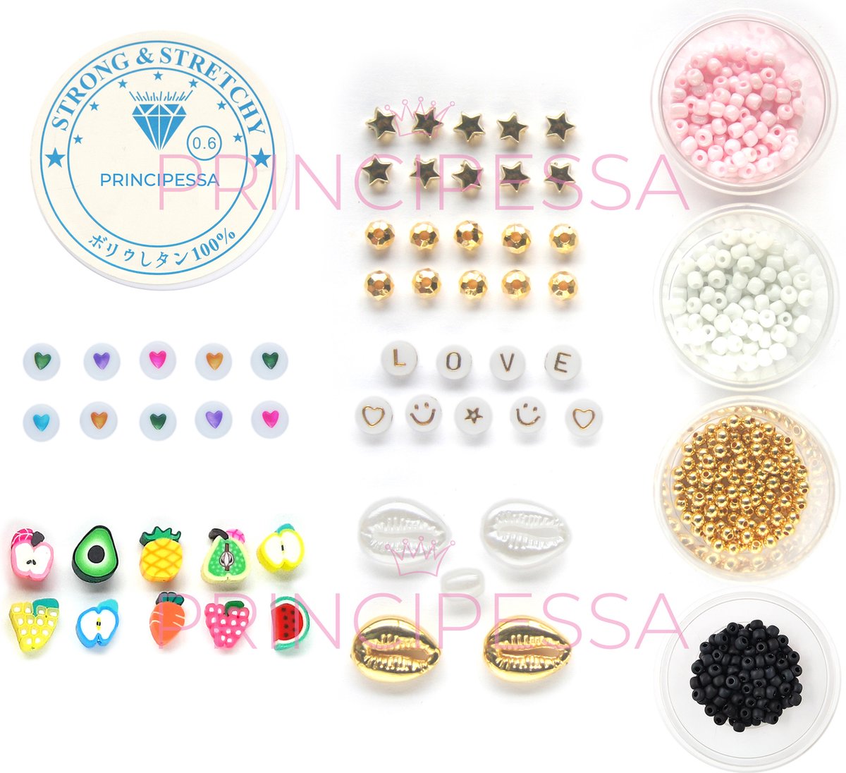 Principessa Mega Katsuki kralenbox – Regenboog 24 kleuren – 4mm Rocailles Roze, Wit en Zwart – Gouden kraaltjes – Kauri schelpen – Polymeerkralen – 5.250 kralen + veel extra artikelen — afbeelding 2