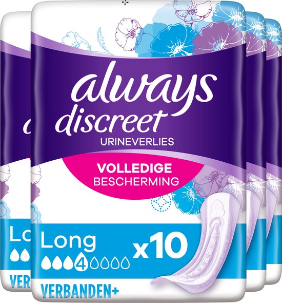 Always Discreet Verband Voor Urineverlies - Plus Long - Voordeelverpakking 4 x 10 stuks - Always