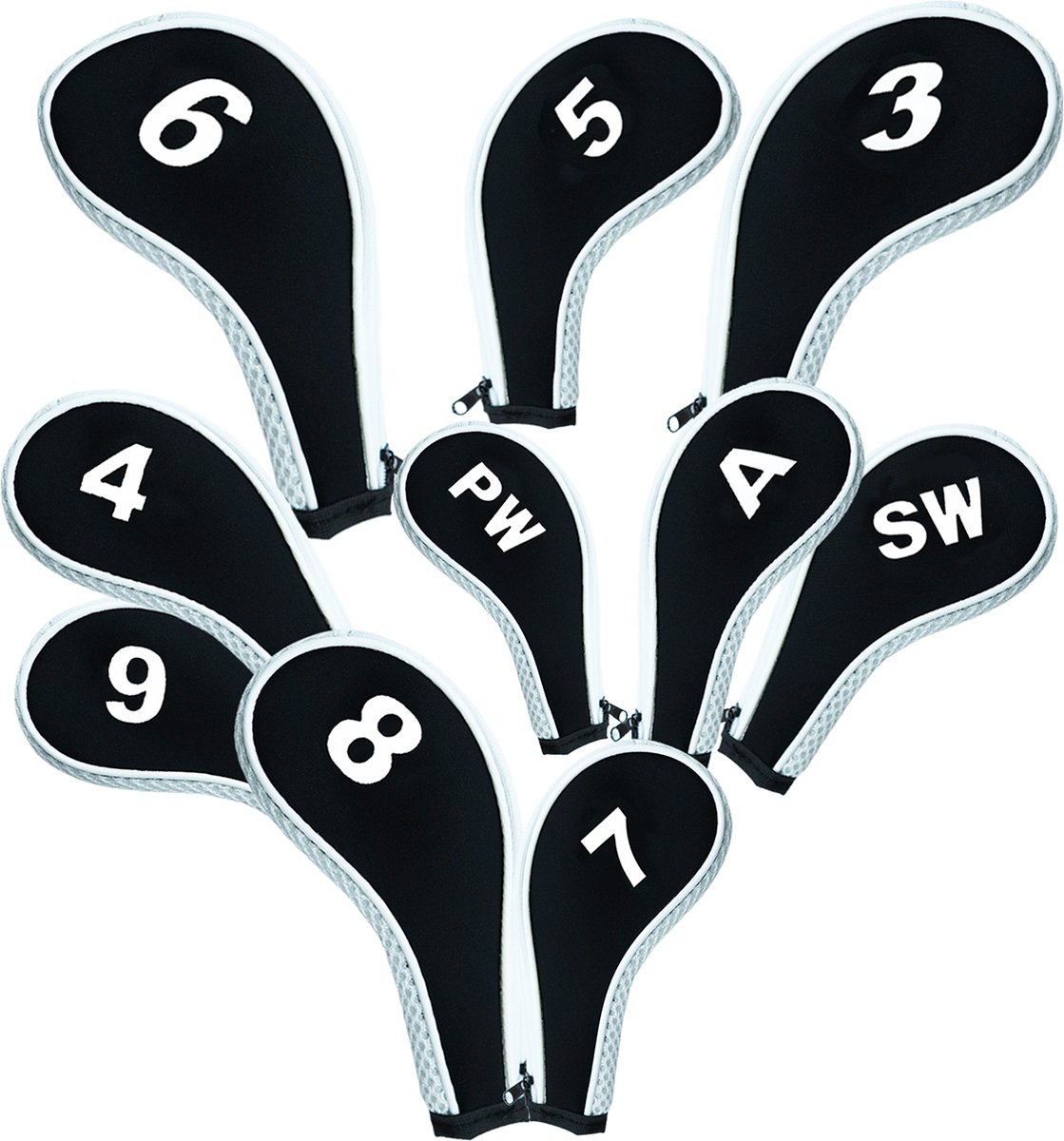 Golfclub covers - set van 10 - zwart met wit - ijzers - met rits - XD-Xtreme - Golffmaniac