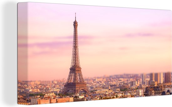 Canvas Schilderij Uitzicht over Parijs met de Eiffeltoren die erboven uit steekt - Wanddecoratie