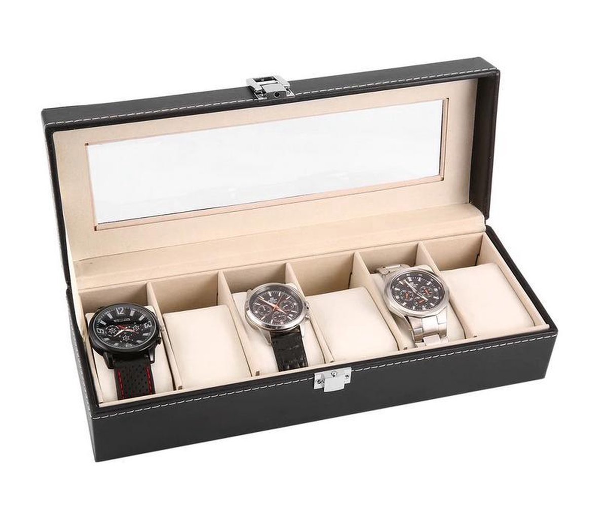 Horlogedoos | Luxe Leren Horloge Box | Geschikt voor Horloges en Sieraden | 6 Compartimenten met 6 Kussentjes | Zwart Leer V2.0