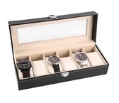 A&K Horlogedoos | Luxe Leren Horloge Box | Geschikt voor Horloges en Sieraden | 6 Compartimenten met 6 Kussentjes | Zwart Leer V2.0