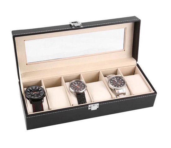 Boîte de montre A&K | Boîte de montre en cuir de Luxe | Convient pour les Montres et les Bijoux | 6 compartiments avec 6 Oreillers | Cuir Zwart V2. 0