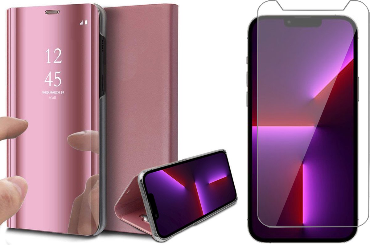 Hoesje geschikt voor iPhone 13 Pro en Screenprotector - Spiegel Book Case - Roze