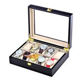 A&K Horlogedoos | Luxe Houten Horloge Box | Geschikt voor Horloges en Sieraden | 10 Compartimenten met 10 Kussentjes | Zwart