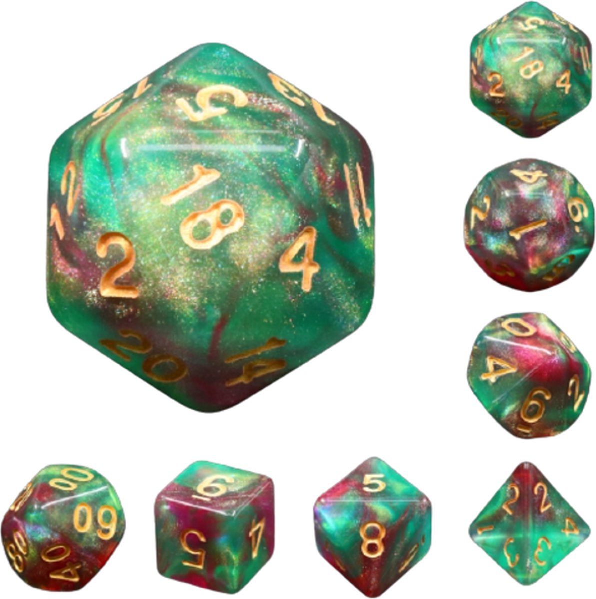 Polyset Dice | Dobbelstenen - Set Van 7 Stuks - Groen Rood Glitters en Goud| Polydice | Voor D&D en Andere Rollenspellen | Plastic Dobbelstenen Set voor Dungeons and Dragons | Polyhedral Dice Set | Mooie Zwarte Velvet Dice Bag voor Ongeveer 3 Sets
