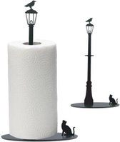 Papieren Handdoek Houder - Metaal met decoratieve Kat en Vogel zwart mat