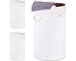3x wasmand bamboe - wasbox met deksel - 70 liter - rond - 65 x 41 cm - wit