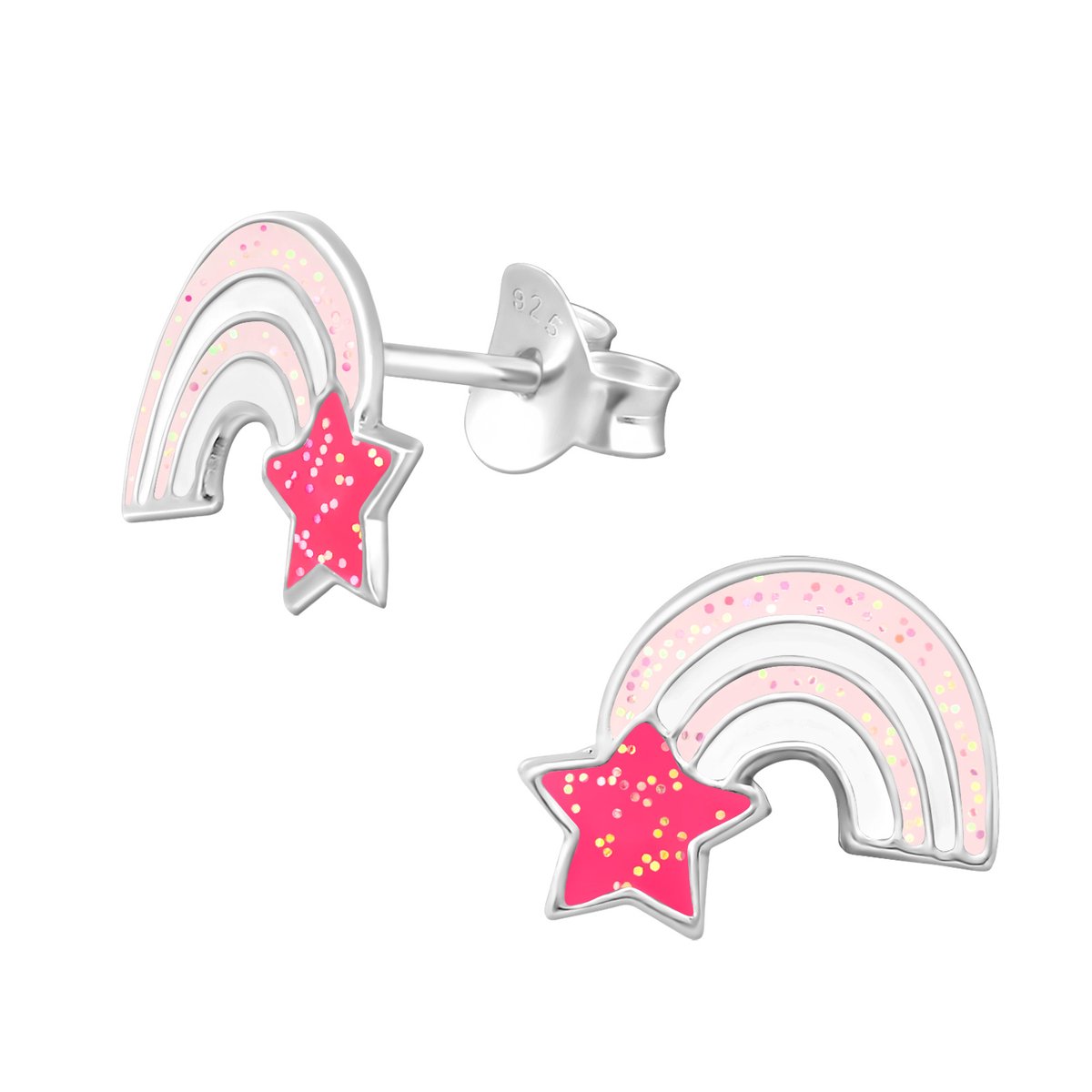 Regenboog oorbellen met ster roze glitter
