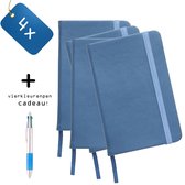 Pack van 4x Notitieboeken A5 Blauw + Vierkleurenpen Cadeau -  Hardvoer - Harde Kaft - Gelijnd - A5 formaat - Elastiek