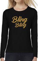 Bling bling longsleeve zwart met gouden glitter tekst dames - Glitter en Glamour goud party kleding shirt met lange mouwen L