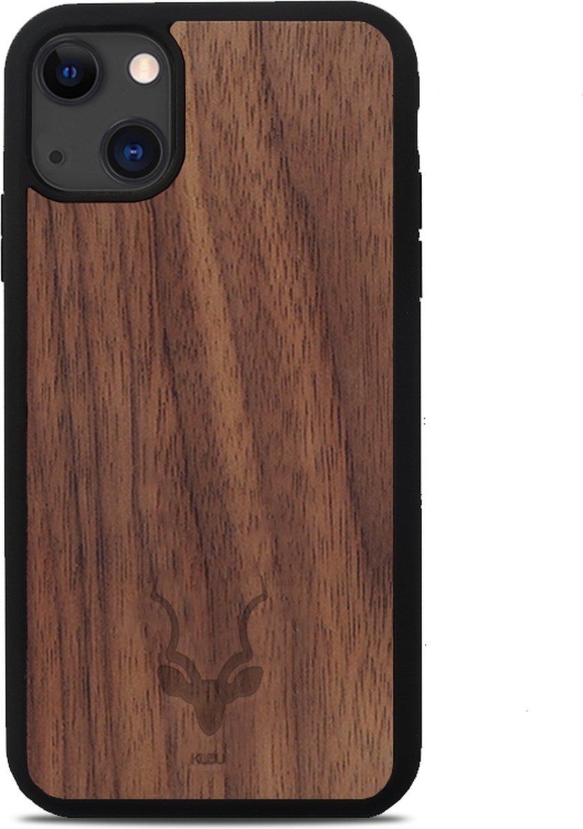 Kudu iPhone 13 MINI hoesje case - Houten backcover - Handgemaakt en afgewerkt met duurzaam TPU - Walnoot - Zwart