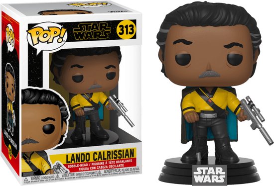 Figurine Lando Calrissian Funko Pop! à côté de sa boîte, portant une chemise jaune et une cape grise.