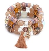 Musthaves-Armbandenset 3 stuks BOHO style met glaskralen-Bohemian style armbanden-rekbaar-voor dames-bruin