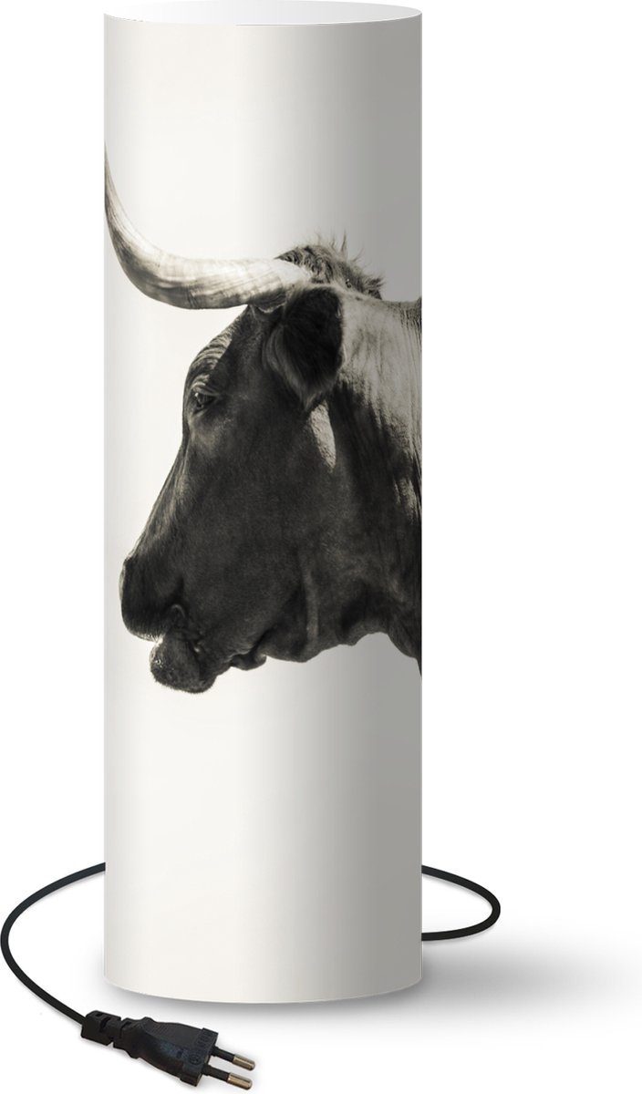 Lamp - Nachtlampje - Tafellamp slaapkamer - Zwart-wit beeld van een stier - 70 cm hoog - Ø22.3 cm - Inclusief LED lamp