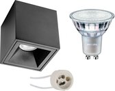 Opbouwspot Set - Pragmi Cliron Pro - GU10 Fitting - Opbouw Vierkant - Mat Zwart - Verdiept - 90mm - Philips - MASTER 927 36D VLE - 4.9W - Warm Wit 2200K-2700K - DimTone Dimbaar - BSE