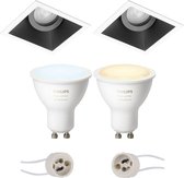 Pragmi Zano Pro - Inbouw Vierkant - Mat Zwart/Wit - Kantelbaar - 93mm - Philips Hue - LED Spot Set GU10 - White Ambiance - Bluetooth