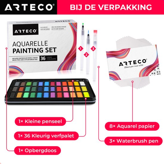 ARTECO® 36 Kleuren Aquarelverf Set – Inclusief 3 Water Brush Pennen en Aquarelpapier - Waterverf - Cadeau
