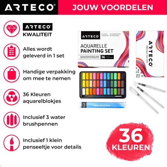 ARTECO® 36 Kleuren Aquarelverf Set – Inclusief 3 Water Brush Pennen en Aquarelpapier - Waterverf - Cadeau