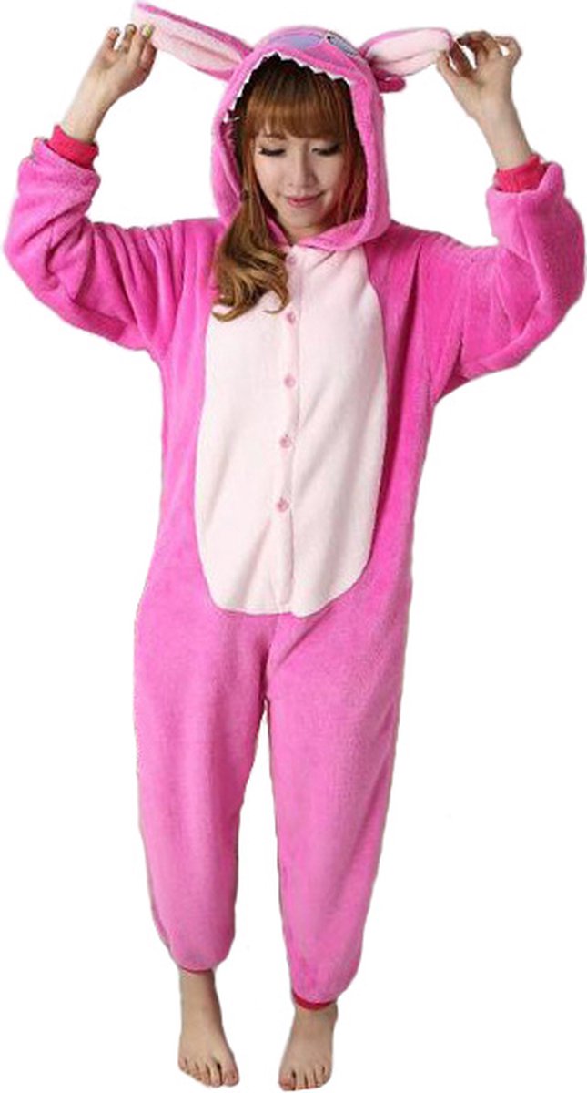 KIMU Onesie Roze Stitch Pak - Maat L-XL - Monster Jumpsuit Huispak Fleece Pyjama Volwassenen Dames Angel Monstertje Lilo Alien Fleece Festival