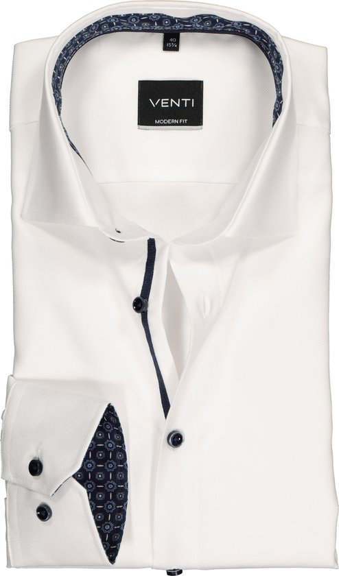 VENTI modern fit overhemd - wit structuur (contrast) - Strijkvrij - Boordmaat: