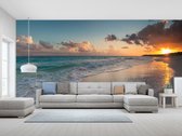 Professioneel Fotobehang strand en zonsondergang - blauw, oranje - Sticky Decoration - fotobehang - decoratie - woonaccesoires - inclusief gratis hobbymesje - 355 cm breed x 240 cm hoog - in 