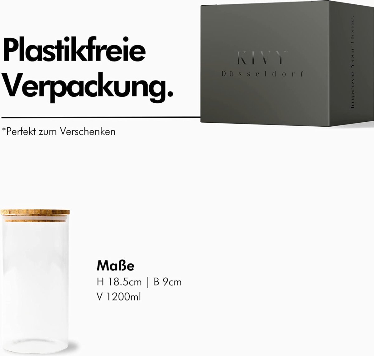 KIVY Lot De 4 Bocaux En Verre Hermétique 1200 Ml - Couvercles Bambou Durable Pour Conservation