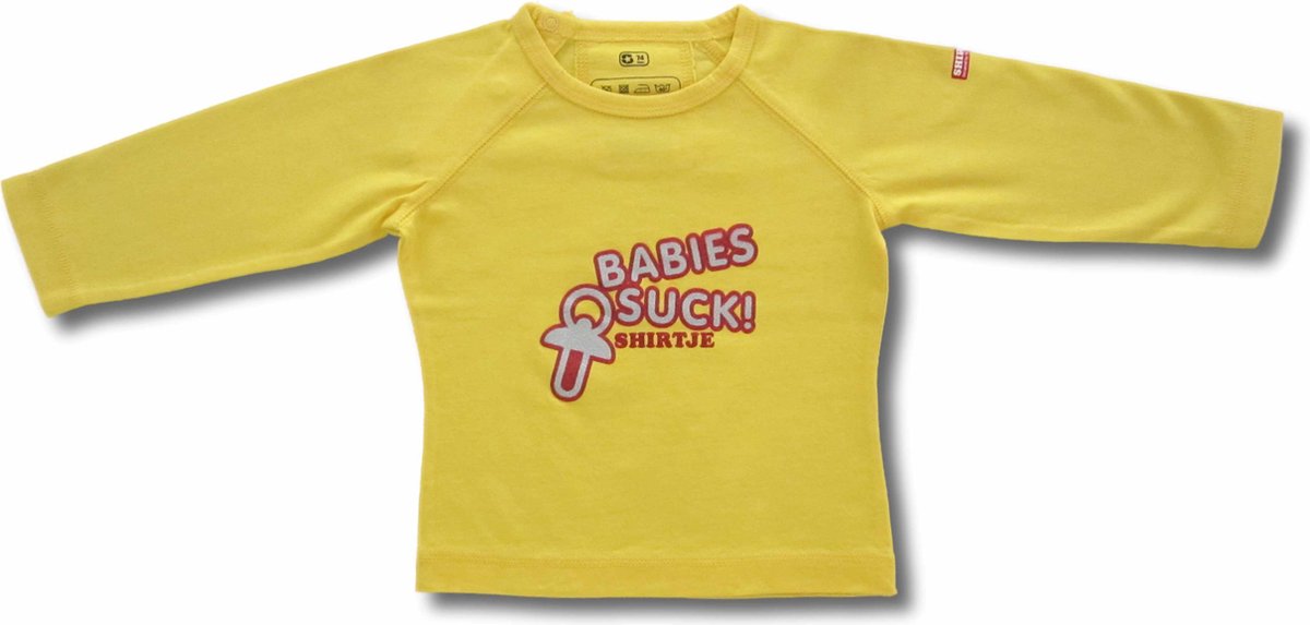 Twentyfourdips | T-shirt lange mouw baby met print 'Babies suck' | Geel | Maat 68 | In giftbox