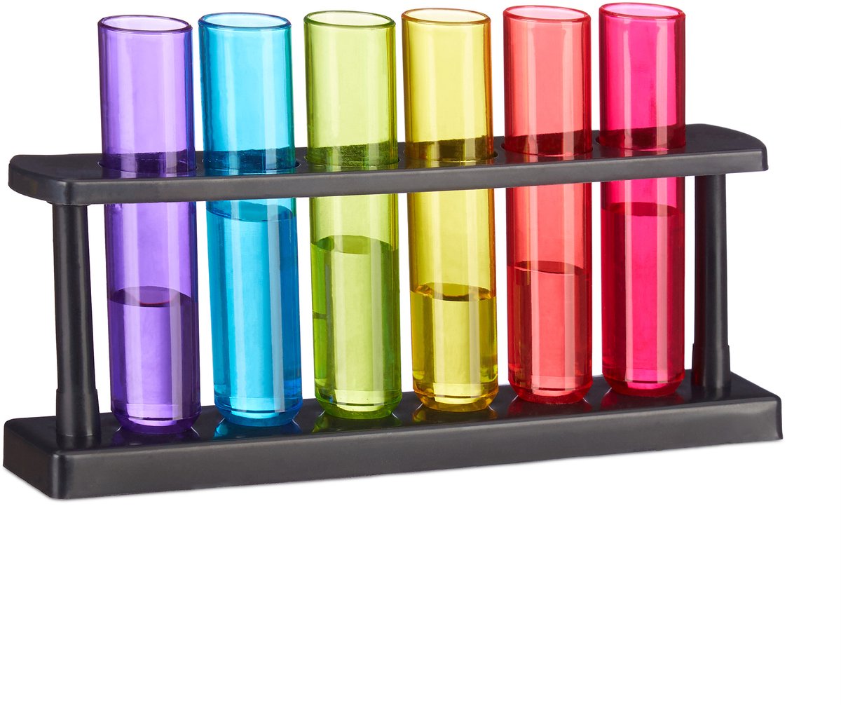 reageerbuis shotglaasjes - set van 6 - met houder - 4 cl - kunststof - kleurrijk