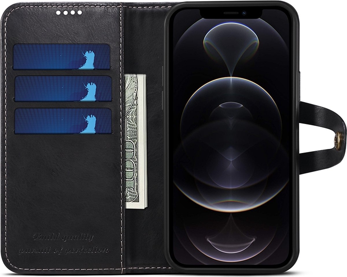 Mobiq - Vintage Lederen Wallet Hoesje iPhone 12 / 12 Pro - zwart