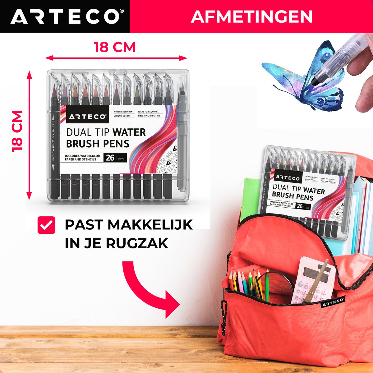 ARTECO® 24 Penseelstiften + 2 Water Brush Pennen Set - Inclusief Aquarel Papier en Sjablonen - Brushlettering – Penseelpen - Cadeau — afbeelding 8