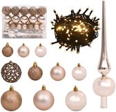 61 Kerstballen set plastic rosé goud - incl 15m LED kerstverlichting - Plastic PVC - Kerstballenset - roze champagne - kerstversiering - Glitters, Glanzend & Mat