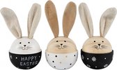 Decoratieve BUNNYS  - HOUT + DRAAD + KATOEN - zwart / wit -  ø7x14cm - Paasdecoratie - 3 STUKS