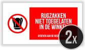 Borden | Pictogram | "Rugzakken niet toegelaten in de winkel - Afgeven aan de receptie aub" | Winkelbeveiliging | Geen backpacks | Rugzakverbod | Polystyreen | Rechthoek | 30 x 15 cm | 2 stuk