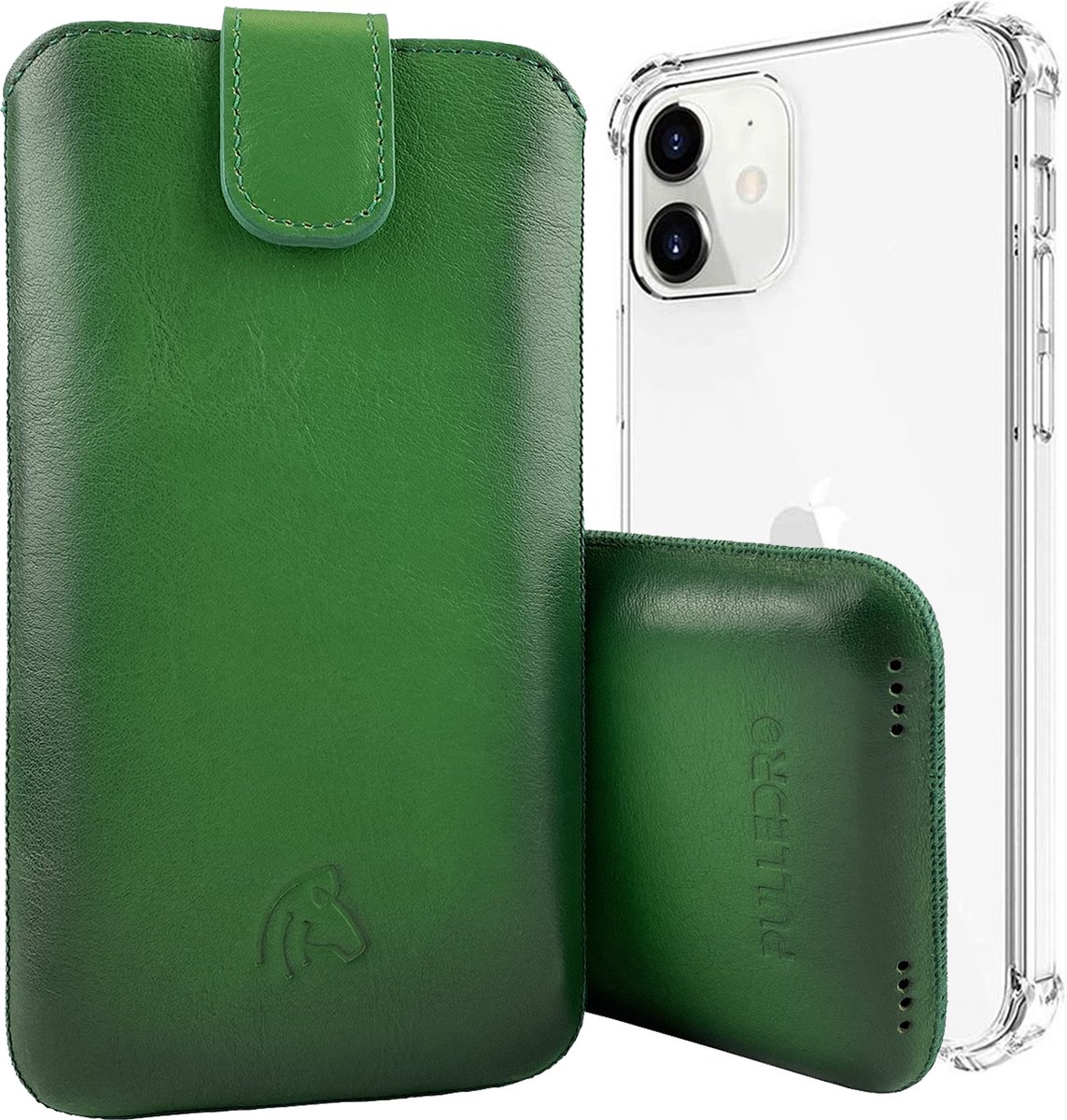 Pulledro geschikt voor iPhone 13 Sleeve leren Insteekhoesje + BackCover - Burned Green