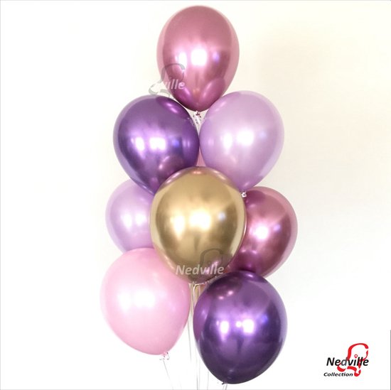 Nedville elegant assortiment grote metallic Chrome ballonnen - Metallic goud, -rosa purple, rosagold en paars en  roze - verjaardag ballonnen - extra groot 36 cm lang - top kwaliteit bio afbreekbaar latex - voor helium, lucht, etc.