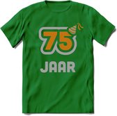 75 Jaar Feest T-Shirt | Goud - Zilver | Grappig Verjaardag Cadeau Shirt | Dames - Heren - Unisex | Tshirt Kleding Kado | - Donker Groen - S
