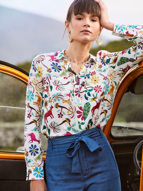 Schots Gluren consultant Dames blouse wit met print volwassen lange mouw kunstzijde luxe zomer chic  | bol.com