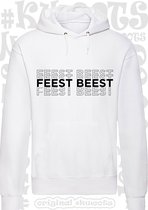 FEEST BEEST heren hoodie - Wit - Maat S - lange mouwen - Met capuchon - leuke hoodies - grappig - humor - quotes - kwoots - party animal