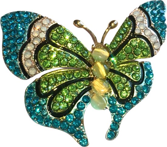 Broche -Vlinder -Blauw -Groen-5 cm-Steentjes-Metaal-Charme Bijoux
