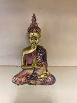 Decoratieve Boeddha zittend - meerkleurig + goud - hoogte 16 cm x 10 x 9 cm - polyresin - Woonaccessoires