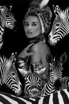 Glasschilderij - Vrouw met Zebra's - 80 x 120 x 0,4 cm