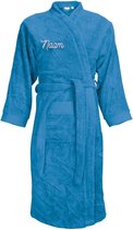 Badjas azure kleur van badstof voor dames / heren / unisex geborduurd met naam borst en rug perfecte cadeau voor hem of haar, valentijn, huwelijk, verjaardag, jubileum, mama, papa,