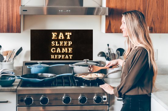 Spatscherm keuken 90x45 cm - Kookplaat achterwand Gaming - Games - Quotes - Spreuken - Eat sleep game repeat - Muurbeschermer - Spatwand fornuis - Hoogwaardig aluminium
