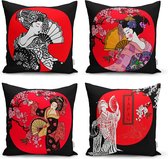 Zethome Japans vrouwenontwerp  - Kussenhoes Set - Vierkant - 4 Stuks - Dubbelzijdig bedrukt - Kussenhoezen Set - Soft Touch - Geen personage - 43x43 cm