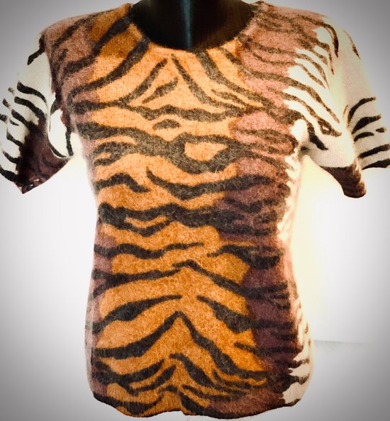Gebreide trui met tijgerprint - Korte mouwen - Ronde hals - Beige/Zwart