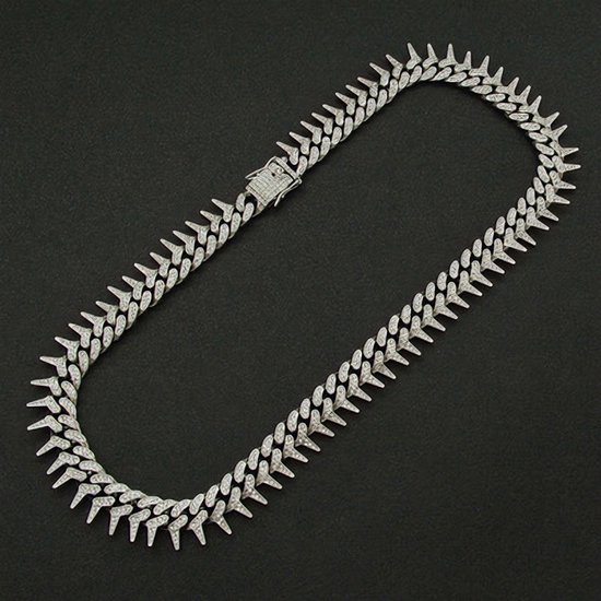 Foto: Icyboy 18k massieve miami spike heren ketting verguld zilver silver plated iced out 20 inch 50 cm medium cuban chain necklace barbed link