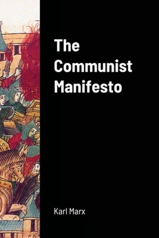Couverture du livre 'The Communist Manifesto' par Karl Marx, avec une image d'une foule et d'un cheval.