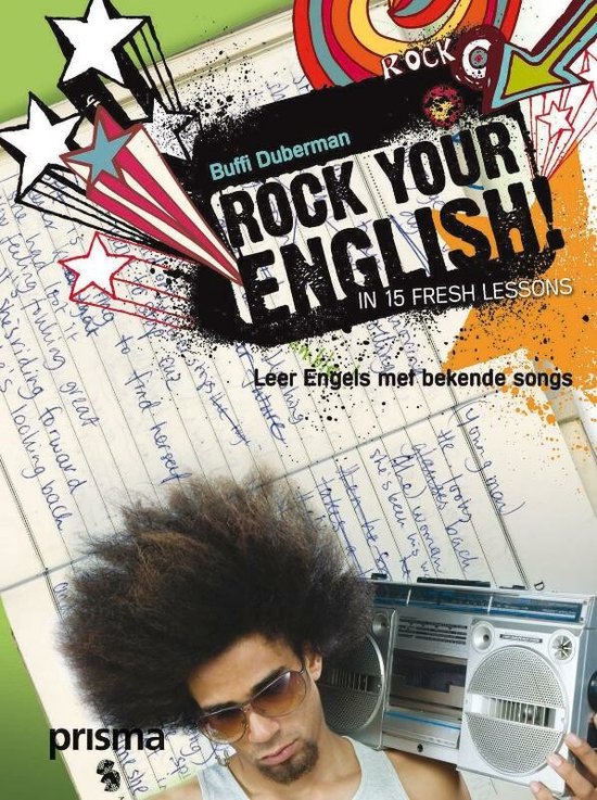 Man met afro-kapsel en zonnebril, die een radio draagt met de tekst 'ROCK YOUR ENGLISH!'.