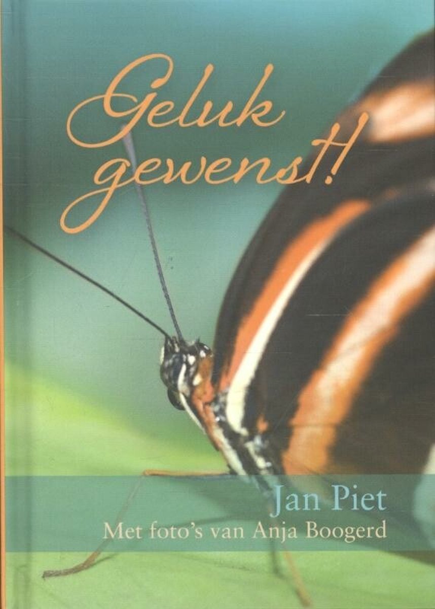 Livre 'Geluk gewenst!' avec un gros plan d'un papillon aux rayures orange, noires et blanches.